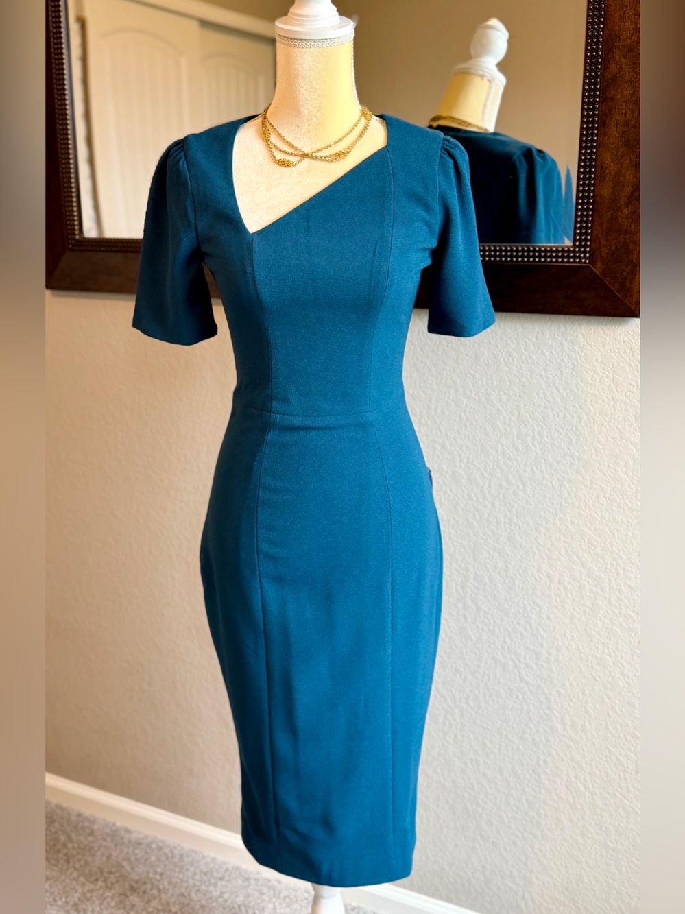 Dress the Population Ruth Asymmetrical Neck Midi Dress XS Old Money Luxury NWT